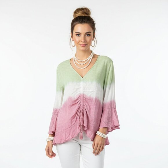Cato Pink Green & White Ombre Striped Peasant Boho Blouse Top L - Picture 1 of 5